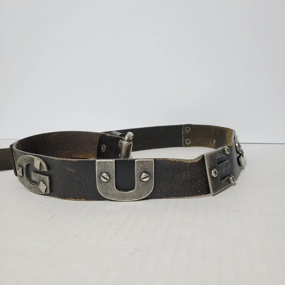 GUESS Y2K Spellout Black Leather Belt Men's Size 34 Grommeted Punk Vintage